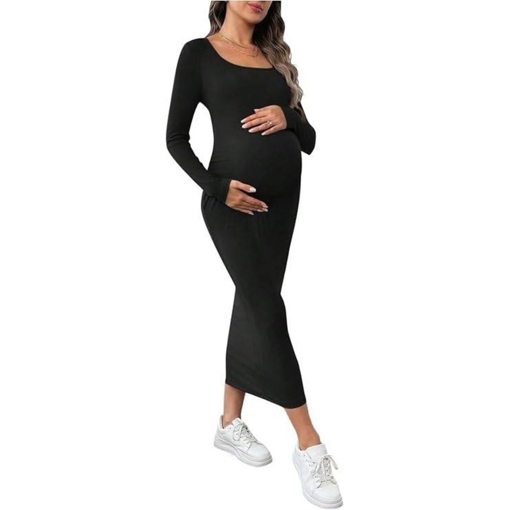 OYOANGLE Womens Maternity Ribbed Dress Long Sleeve Scoop Neck Bodycon Black L